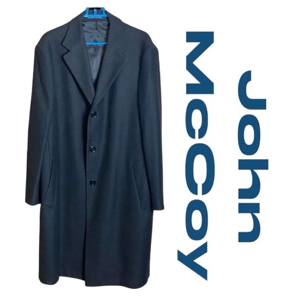 Vintage John McCoy Men’s Wool Overcoat Dark Blue Italy Size 46L EU 56L Long Coat - Picture 1 of 7